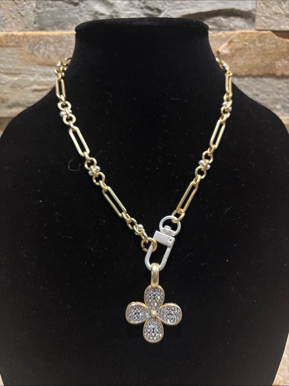 Gold-Tone Flower Pendant Necklace with Pavé Crystals